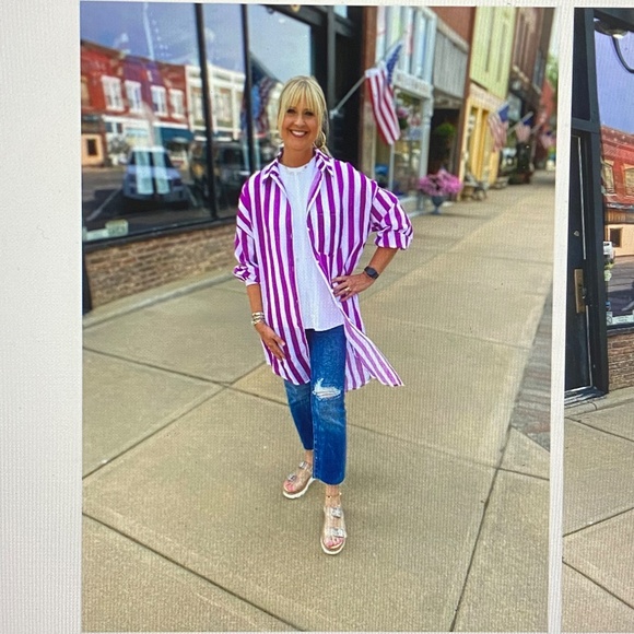 NEW AMELIA’S Frida Art To Wear Striped Purple White Tunic Shirt Ramie Cotton L - Picture 16 of 16